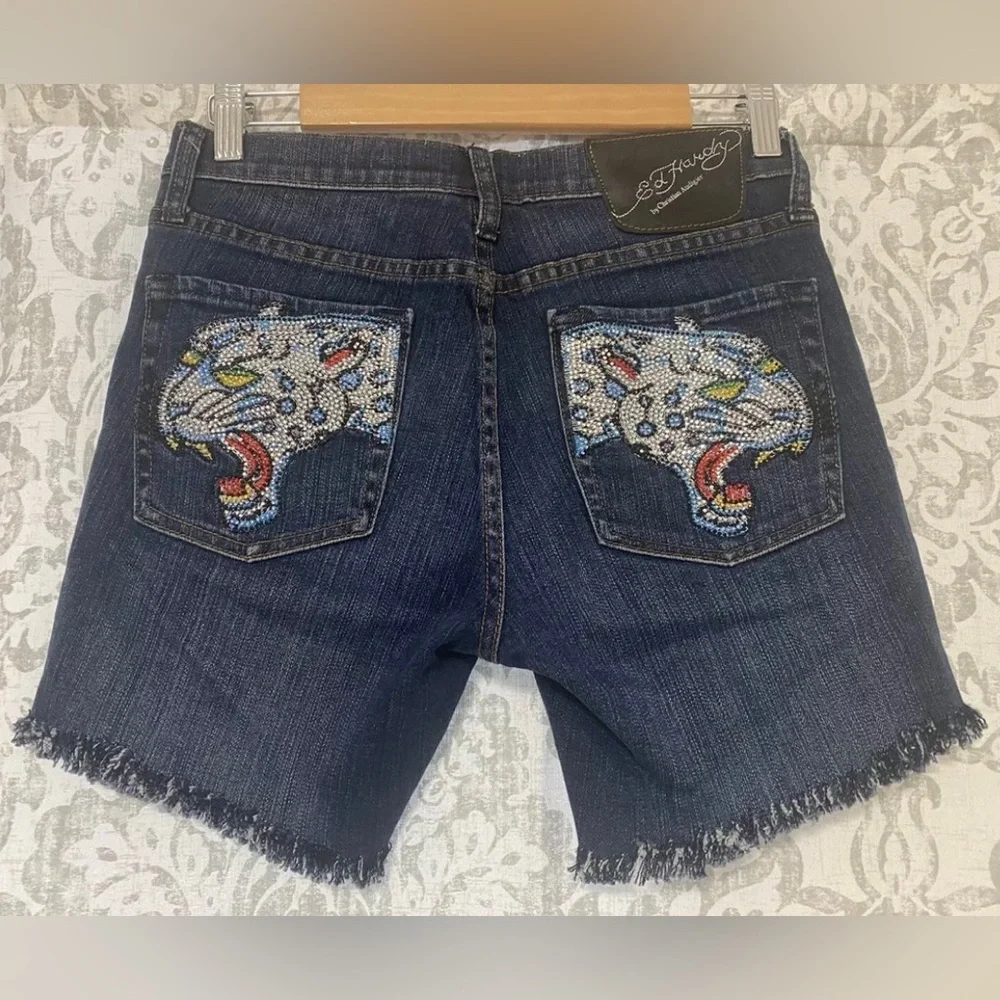 Ed Hardy Rare Rhinestone Bling Leopard Tiger Cat Cut Off Denim Long Shor…
